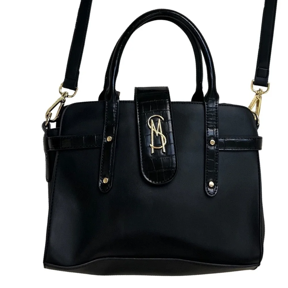 Steve Madden Black Croc Trim Satchel Crossbody Bag Gold Hardware SM Logo Handbag